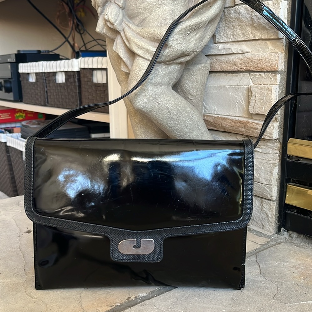 Vintage Charles Jourdan blk genuine patent leather handbag w/ snake skin trim
